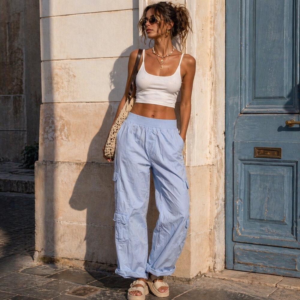 Pastel Blue Cargo Y2K Wide Leg High-Rise Utility Pants Coastal Streetwear Chic